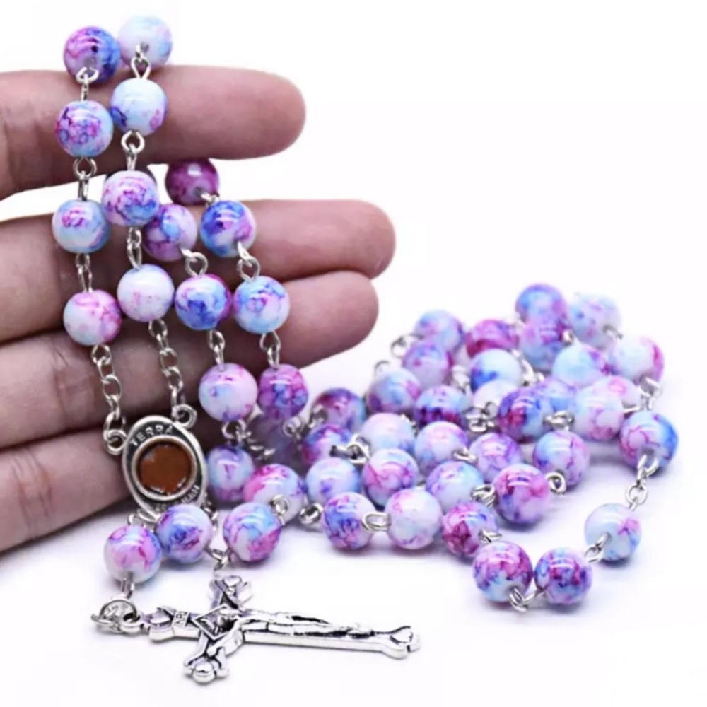 Multicolored 8mm Beaded Rosary Necklace - Picture 4 of 9